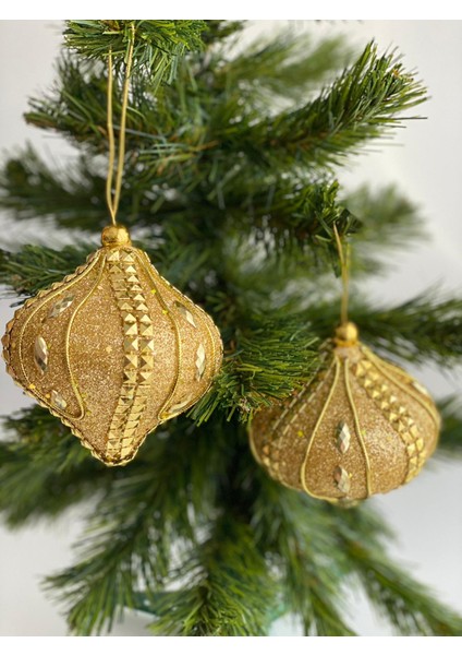 Yeni Yıl Yılbaşı Özel Lüks Otantik Işlemeli Motifli Simli Taşlı Büyük Çam Ağacı Süsü 2 Li Gold Altın