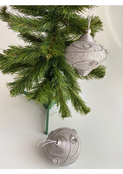 Yeni Yıl Yılbaşı Özel Lüks Otantik Işlemeli Motifli Simli Taşlı Büyük Çam Ağacı Süsü 2 Li Gümüş Gri fiyatları