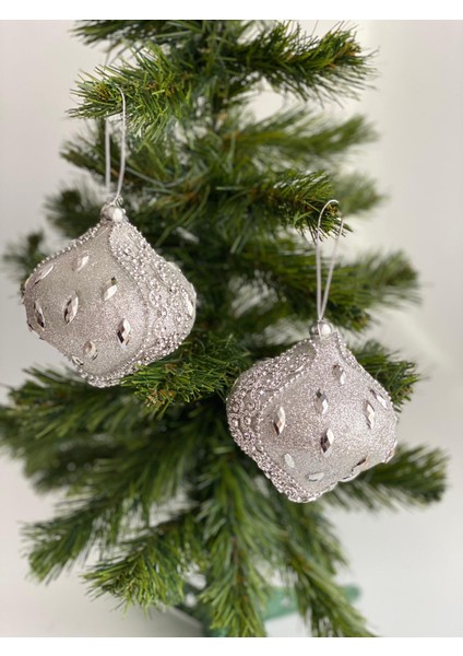 Yeni Yıl Yılbaşı Özel Lüks Otantik Işlemeli Motifli Simli Taşlı Büyük Çam Ağacı Süsü 2 Li Gümüş Gri