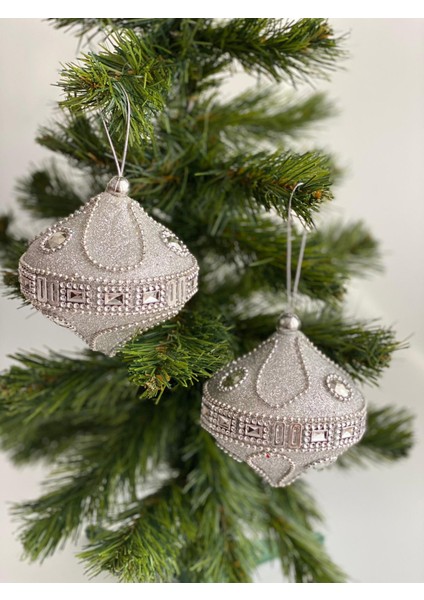 Yeni Yıl Yılbaşı Özel Lüks Otantik Işlemeli Motifli Simli Taşlı Büyük Çam Ağacı Süsü 2 Li Gümüş Gri