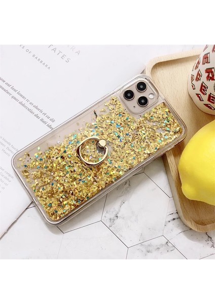 Lüks Metal Gold Yüzüklü Standlı Hareketli 3D Sulu Telefon Kılıfı Kapağı Kapak Altın Simli iPhone 14