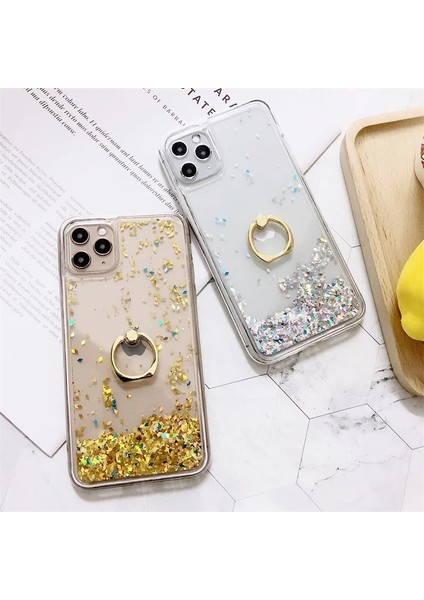 Lüks Metal Gold Yüzüklü Standlı Hareketli 3D Sulu Telefon Kılıfı Kapağı Kapak Altın Simli iPhone 14 modelleri