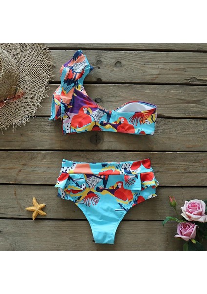 Yeni Trend Volanlı Kol Yüksek Toparlayıcı Bel Kemerli Gold Metal Broşlu Tropikal Papağan Bikini Takm