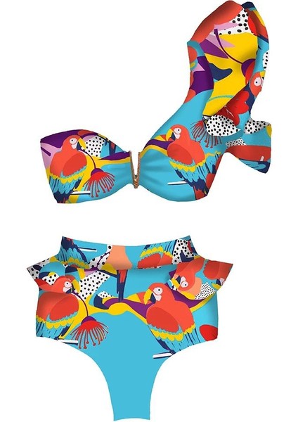 Yeni Trend Volanlı Kol Yüksek Toparlayıcı Bel Kemerli Gold Metal Broşlu Tropikal Papağan Bikini Takm fiyatları