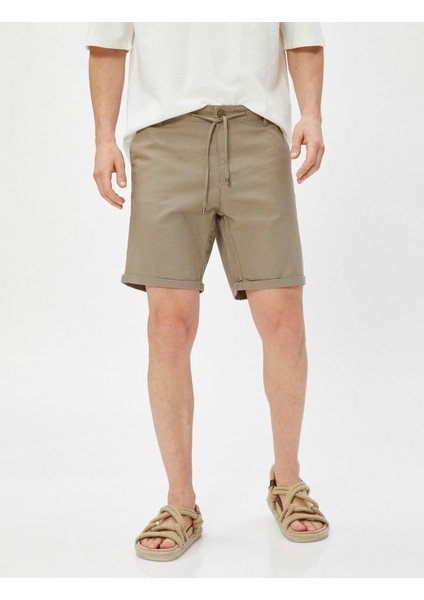 Keten Karışımlı Şort Bermuda Beli Bağcıklı Düğmeli Cep Detaylı modelleri