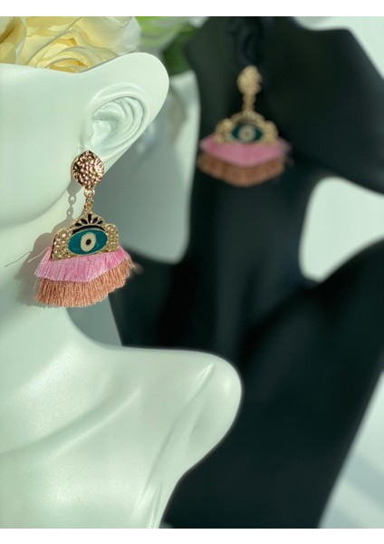 Göz Nazar Yuvarlak Püsküllü Küpe Pembe Gold Altın