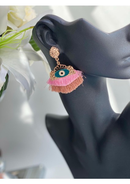 Göz Nazar Yuvarlak Püsküllü Küpe Pembe Gold Altın fiyatları