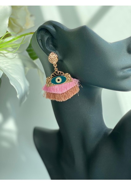 Göz Nazar Yuvarlak Püsküllü Küpe Pembe Gold Altın modelleri