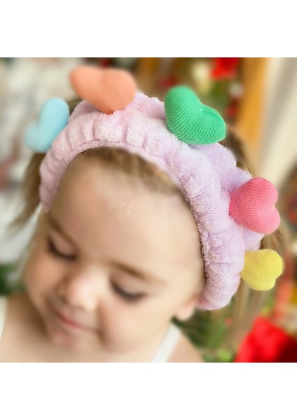 Sevimli Kadife Pofuduk Renkli Kalpler Bebek Saç Bantı Kalp Bandana Lila Mor