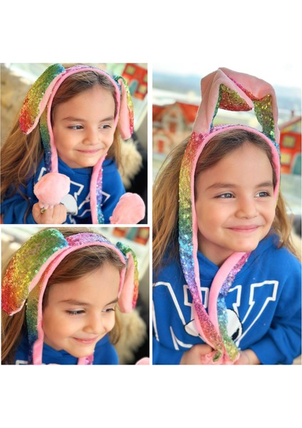 Renkli Gökkuşağı Unicorn Pullu Kulaklı Hareketli Oynar Pompalı Taç Kız Çocuk Yetişkin Tacı