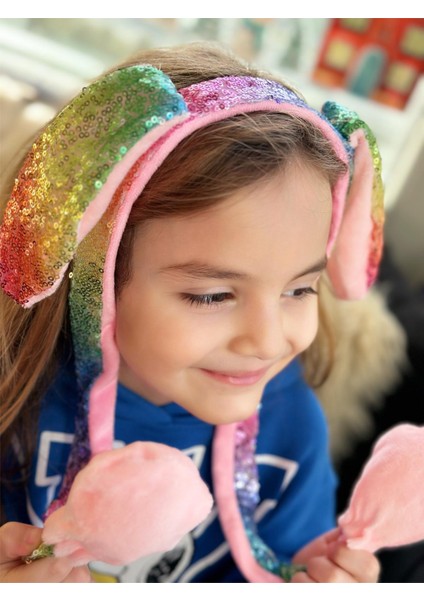 Renkli Gökkuşağı Unicorn Pullu Kulaklı Hareketli Oynar Pompalı Taç Kız Çocuk Yetişkin Tacı modelleri