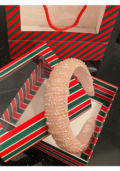 Yılbaşı Özel Gün Lüks Kristal Taş Kaplamalı Bombeli Tacı Taşlı Taç Hediye Kutulu Kına Nişan Pembe