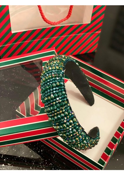 Yılbaşı Özel Gün Lüks Kristal Taş Kaplamalı Kadın Tacı Taşlı Taç Hediye Kutulu Kına Nişan Yeşil