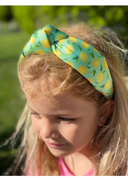 Yeni Trend Süngerli Düğümlü Saten Taç Kadın Çocuk Tacı Limon Meyve Desenli Su Yeşili