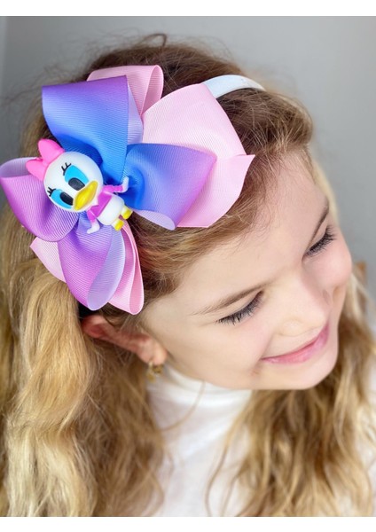 Özel Lüks Tasarım Disney Ördek Daisy Fiyonklu Gökkuşağı Saten Taç Çocuk Tacı