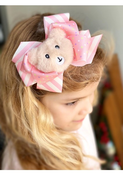 Özel Tasarım Lüks Pofuduk Peluş Ayıcık Taç Fiyonklu Teddy Saten Çocuk Tacı