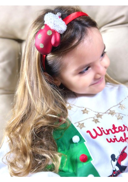 Yeni Yıl Yılbaşı Özel Saten Taçlı Süslü Noel Eldiveni Simli Taç Kadın Çocuk Tacı Kırmızı