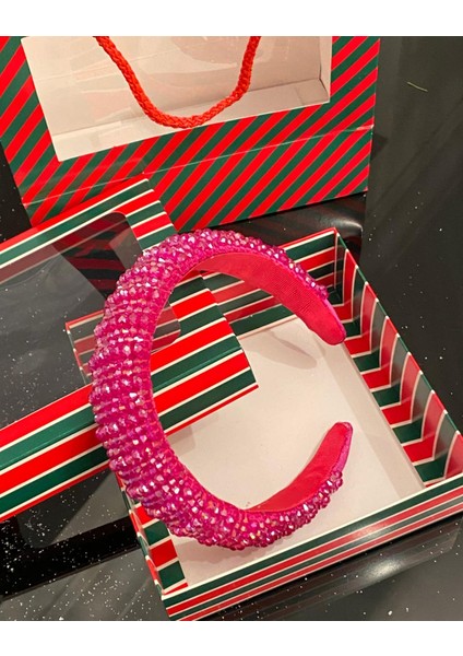 Yılbaşı Özel Gün Lüks Kristal Taş Kaplamalı Kadın Tacı Taşlı Taç Hediye Kutulu Kına Nişan Fuşya