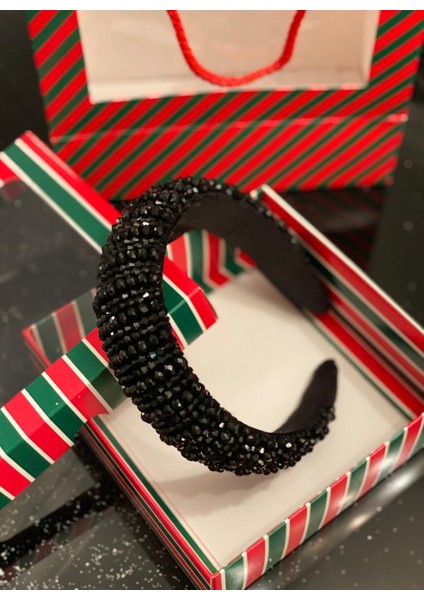 Yılbaşı Özel Gün Lüks Kristal Taş Kaplamalı Kadın Tacı Taşlı Taç Hediye Kutulu Kına Nişan Siyah