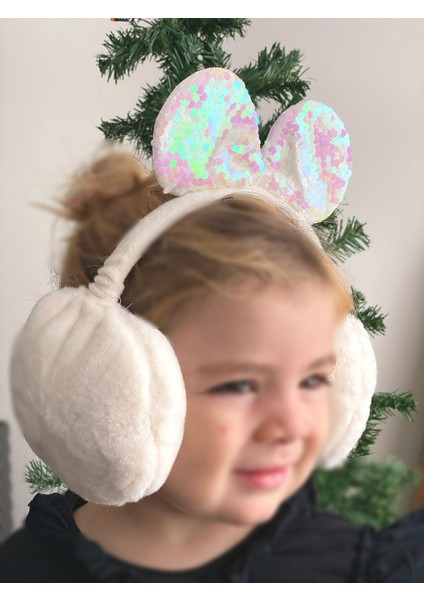 Lüks Pullu Parlak Minnie Mouse Fare Kulaklı Peluş Çocuk Yetişkin Kulaklığı Beyaz