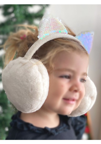 Lüks Pullu Parlak Kedi Kulaklı Peluş Kulaklık Çocuk Yetişkin Kulaklığı Beyaz