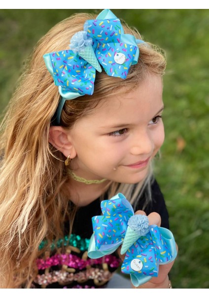 Lüks Tasarım Şeker Ponpon Dondurmalı Fiyonk Taç Toka Seti Turkuaz Mavi