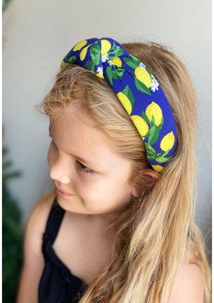 Yeni Trend Süngerli Düğümlü Meyve Limon Desenli Yazlık Taç Kadın Çocuk Tacı Sarı Lacivert
