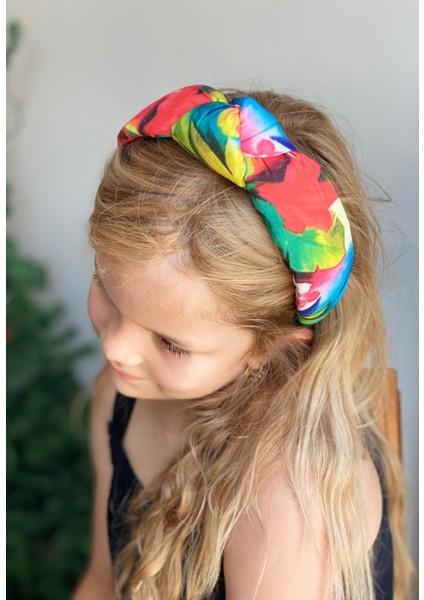 Yeni Trend Süngerli Düğümlü Taç Rengarenk Ebruli Çiçek Desenli Kadın Çocuk Tacı