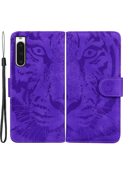 Sony Xperia Için Cüzdan Telefon 10 V Tiger Deseni Baskılı Stand Pu Deri Folio Flip Cover Kılıfı (Yurt Dışından)