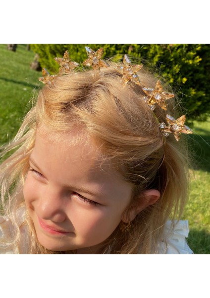 Kristal Taşlı Dik Kraliçe Çiçek Motifli Metal Lüks Taç Kına Nişan Yetişkin Tacı Altın Bronz