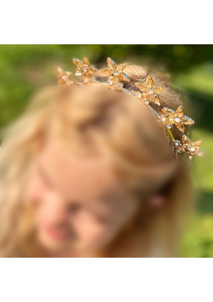 Kristal Taşlı Dik Kraliçe Çiçek Motifli Metal Lüks Taç Kına Nişan Yetişkin Tacı Altın Bronz fiyatları