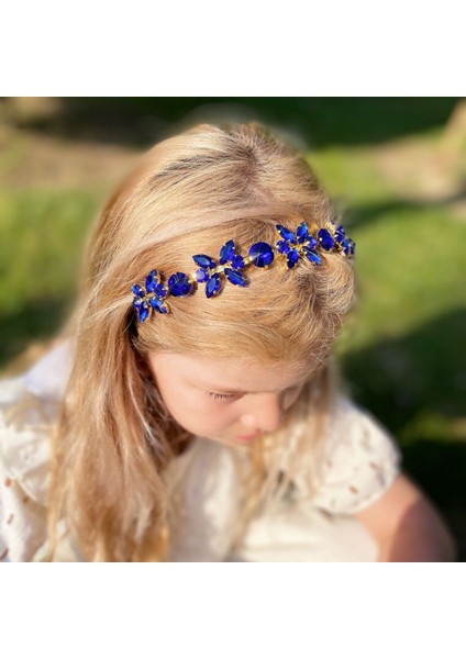 Kristal Taşlı Kelebek Çiçek Motifli Metal Lüks Taç Kına Nişan Özel Gün Tacı Saks Mavi