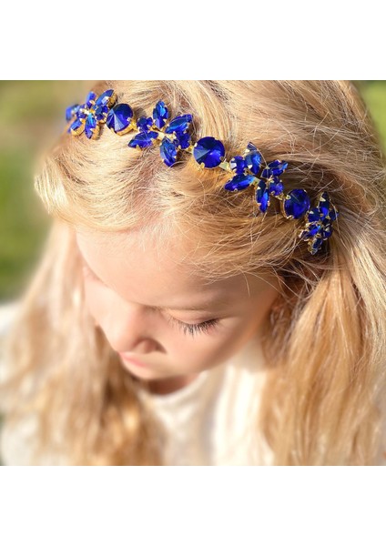 Kristal Taşlı Kelebek Çiçek Motifli Metal Lüks Taç Kına Nişan Özel Gün Tacı Saks Mavi fiyatları