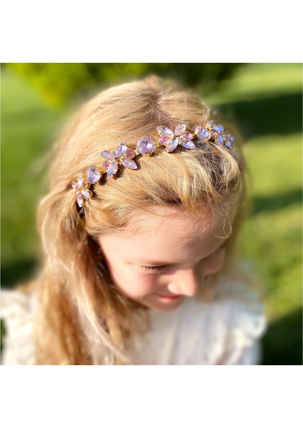 Kristal Taşlı Kelebek Çiçek Motifli Metal Lüks Taç Kına Nişan Özel Gün Tacı Pembe