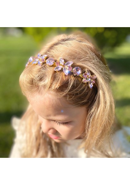 Kristal Taşlı Kelebek Çiçek Motifli Metal Lüks Taç Kına Nişan Özel Gün Tacı Pembe fiyatları