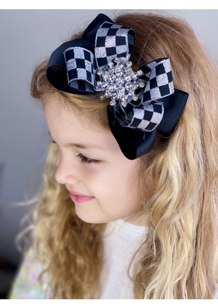 Özel Tasarım Lüks Dama Kare Siyah Gümüş Taş Broşlu Taç Kadın Çocuk Tacı