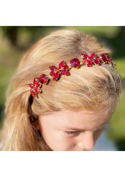 Kristal Taşlı Kelebek Çiçek Motifli Metal Lüks Taç Kına Nişan Özel Gün Tacı Kırmızı