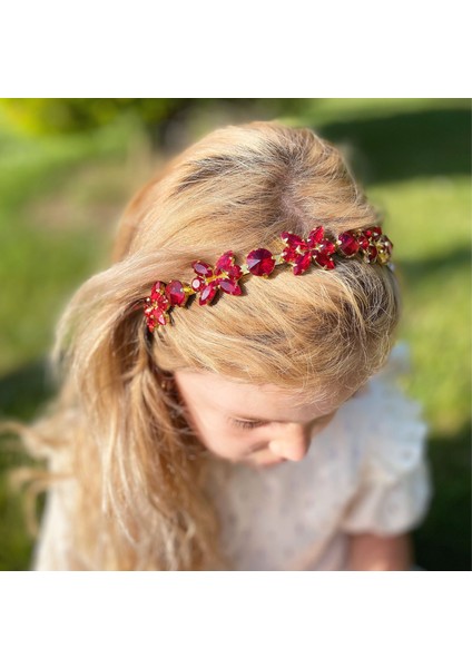 Kristal Taşlı Kelebek Çiçek Motifli Metal Lüks Taç Kına Nişan Özel Gün Tacı Kırmızı fiyatları