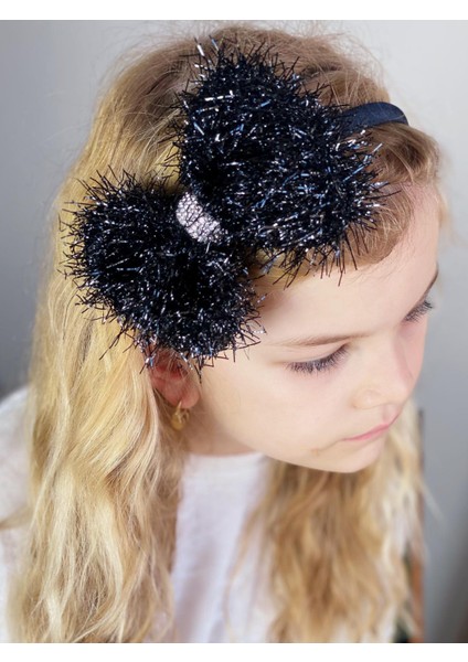 Özel Tasarım Büyük Parlak Sim Püsküllü Fiyonk Taşlı Taç Kadın Çocuk Tacı Siyah