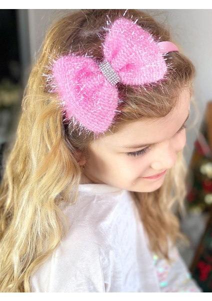 Özel Tasarım Büyük Parlak Sim Püsküllü Fiyonk Taşlı Taç Neon Pembe Kadın Çocuk Tacı