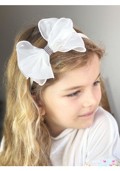 Parlak Organze Büyük Taşlı Fiyonk Taç Kadın Çocuk Tacı Beyaz