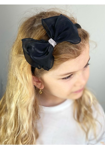 Parlak Organze Büyük Taşlı Fiyonk Taç Kadın Çocuk Tacı Siyah