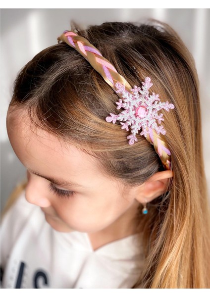 Elsa Anna Frozen Kristal Taşlı Simli Kar Tanesi Örgü Saçlı Taç Çocuk Tacı Simli Pembe