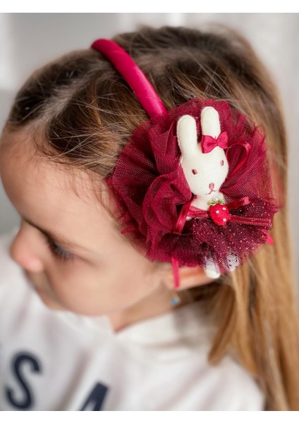 Oyuncak Peluş Tavşanlı Şirin Iri Tüllü Ponpon Taç Çocuk Tacı Bordo Kırmızı Saten