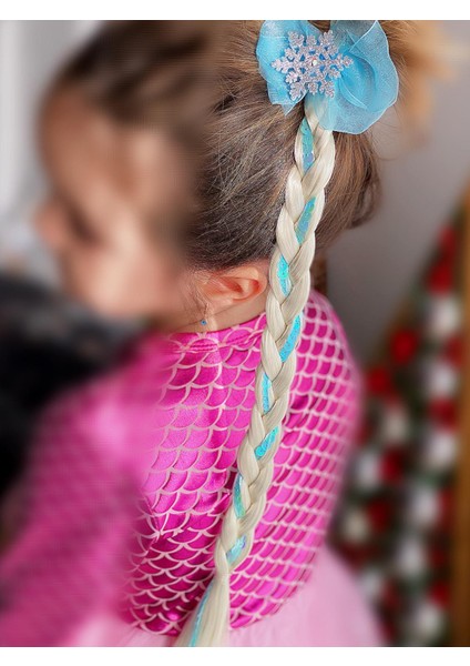Elsa Anna Frozen Karlar Ülkesi Simli Taşlı Kar Tanesi Örgü Takma Postiş Saç Çocuk Saçı Pullu Mavi