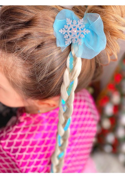 Elsa Anna Frozen Karlar Ülkesi Simli Taşlı Kar Tanesi Örgü Takma Postiş Saç Çocuk Saçı Pullu Mavi fiyatları
