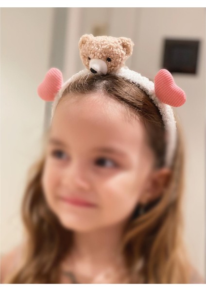 Sevimli Tüylü Peluş Pofuduk Pembe Kalpli Ayıcık Yetişkin Çocuk Tacı Kostüm Taç