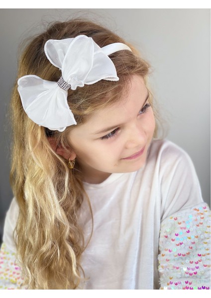 Parlak Organze Büyük Taşlı Fiyonk Taç Kadın Çocuk Tacı Beyaz fiyatları