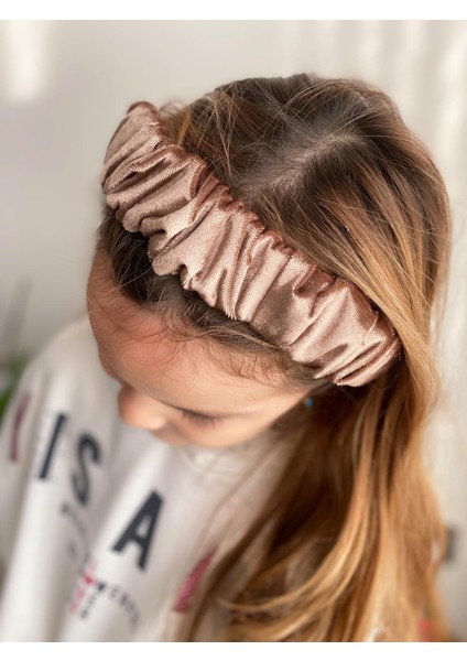 Kadife Parlak Büzgülü Pileli Geniş Taç Kadın Çocuk Tacı Bakır Kahverengi