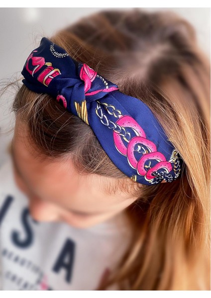 Saten Düğümlü Geniş Eşarp Fular Zincir Desenli Taç Kadın Çocuk Tacı Lacivert